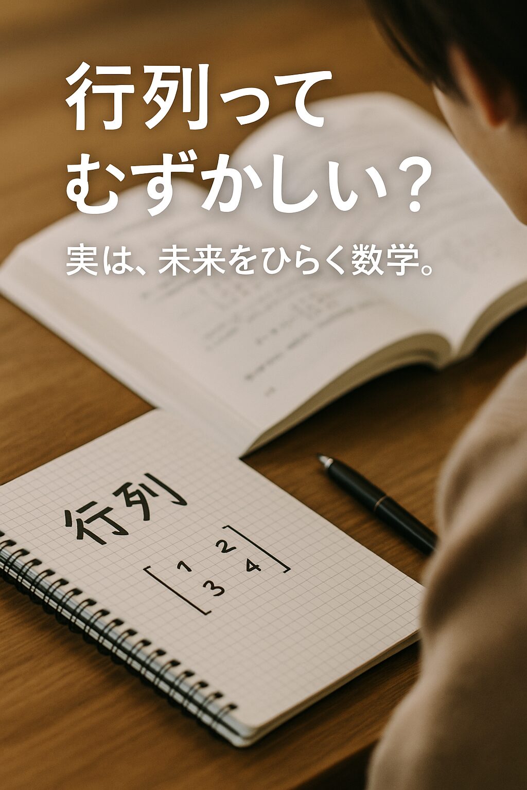ノートに行列の式を書きながら勉強している高校生の手元。開いた数学の教科書とペンが机の上に置かれている。