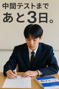 四日市高校の男子生徒が前期中間テスト3日前に青チャートを使って集中して勉強している様子と「中間テストまで あと3日。」の文字