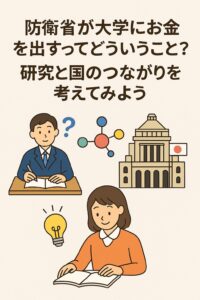 防衛省による大学への研究支援をテーマにしたイラスト。学生、国会議事堂、分子構造、電球が描かれている。