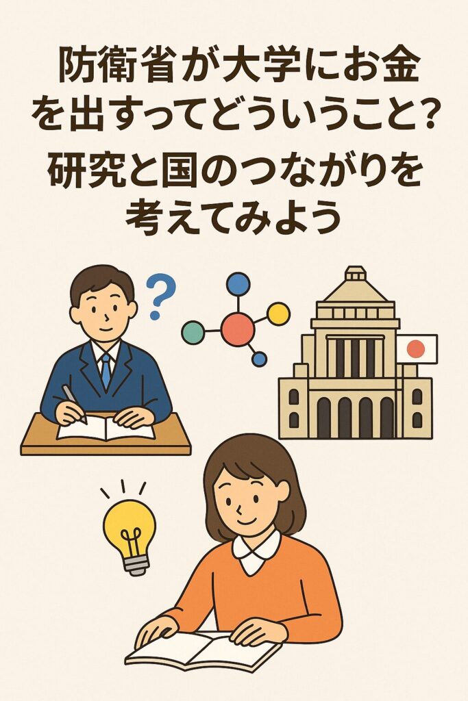 防衛省による大学への研究支援をテーマにしたイラスト。学生、国会議事堂、分子構造、電球が描かれている。