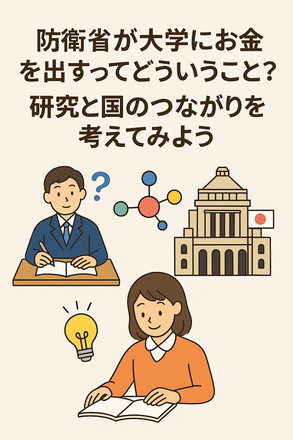 防衛省による大学への研究支援をテーマにしたイラスト。学生、国会議事堂、分子構造、電球が描かれている。