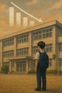 現代的な鉄筋コンクリートの校舎の前に立つ男子生徒と、空に浮かぶ生徒数減少の棒グラフのイラスト