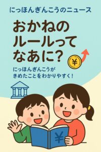 本を読みながら笑顔で話す小学生と、「おかねのルールってなあに？」というタイトル、日銀のニュースをわかりやすく伝える教育ポスター