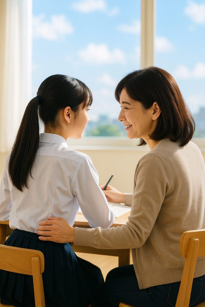 女子高校生と母親が並んで座り、明るい雰囲気の中で未来を見つめている様子