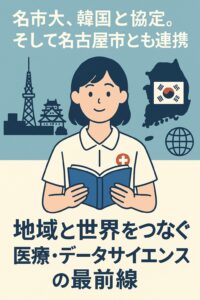 名古屋市立大学と韓国・ハルリム大学の看護協定、名古屋市との地域連携を描いたイラスト
