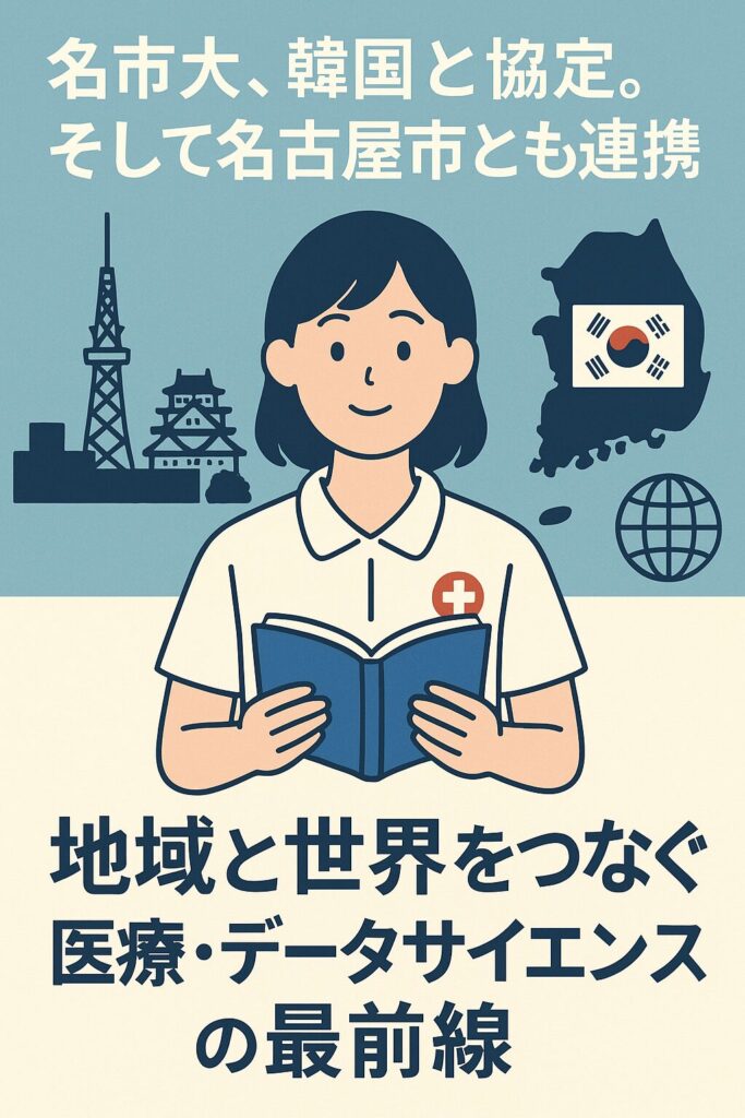 名古屋市立大学と韓国・ハルリム大学の看護協定、名古屋市との地域連携を描いたイラスト