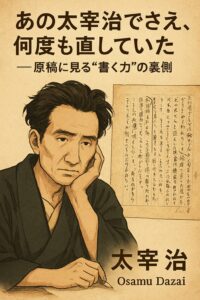 太宰治の肖像と代表作をイメージしたクラシックな文学表紙風イラスト