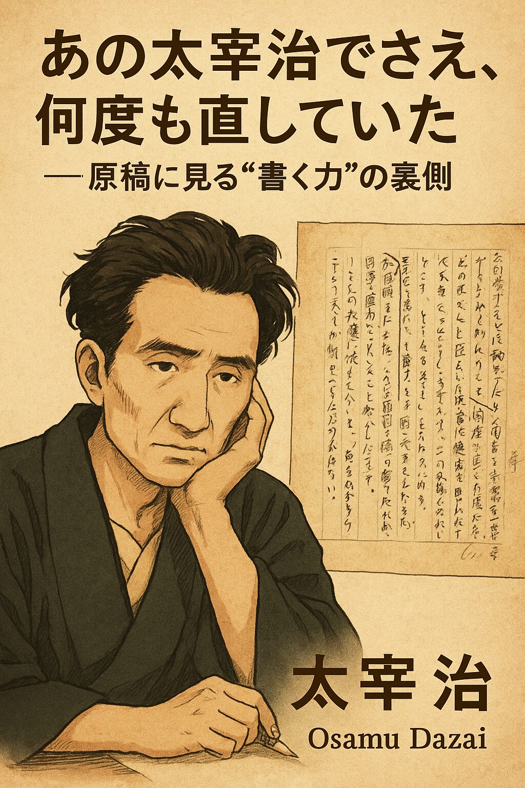 太宰治の肖像と代表作をイメージしたクラシックな文学表紙風イラスト