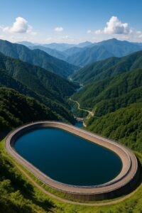 山間に広がる揚水発電用の貯水池と深い緑の山々