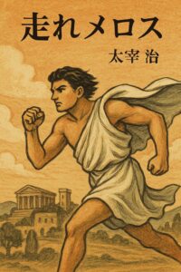 太宰治の「走れメロス」をイメージした、古代風の風景を背景に疾走するメロスのイラスト