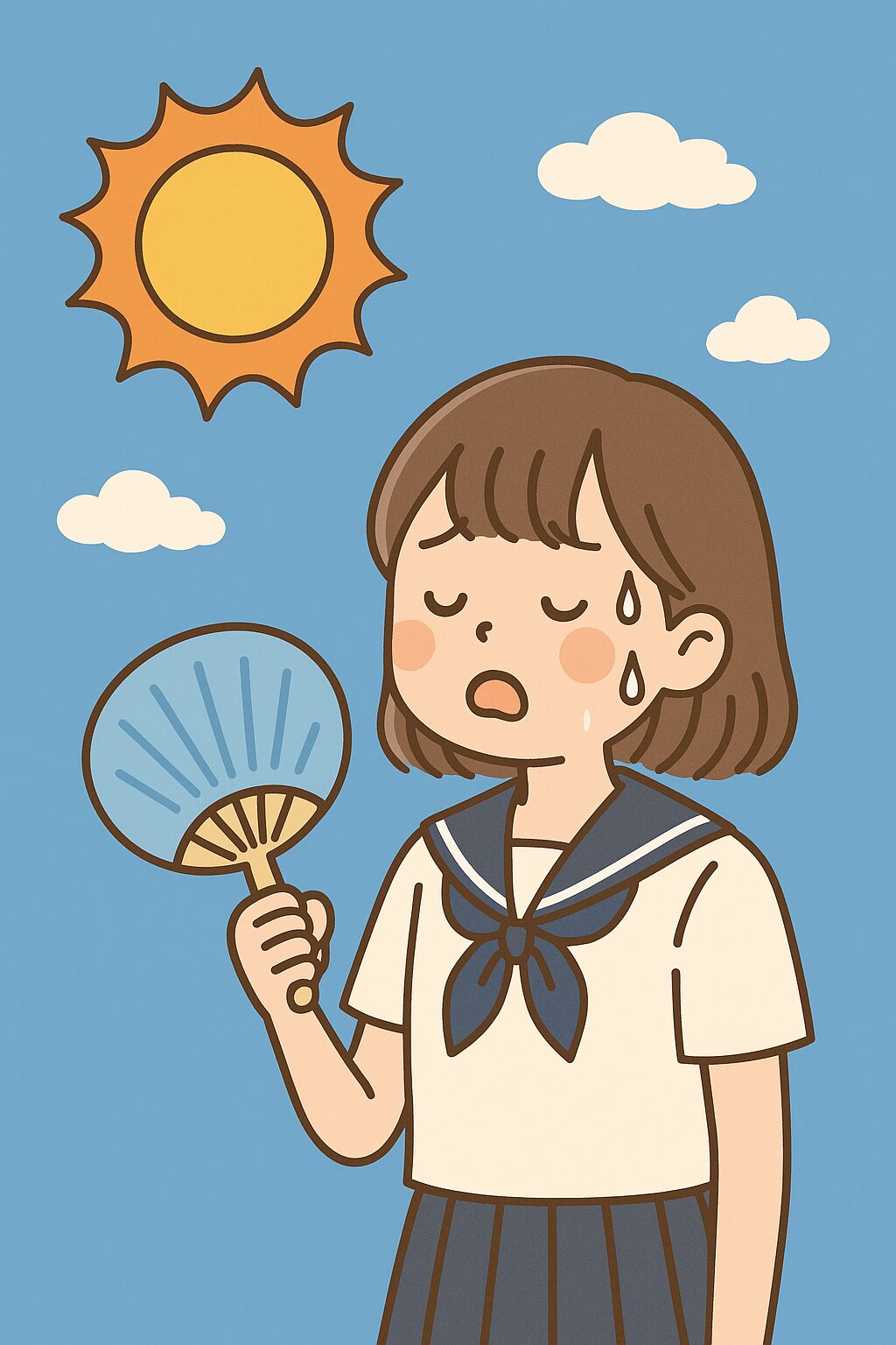 女子学生が暑さに苦しみながらうちわで仰いでいるイラスト