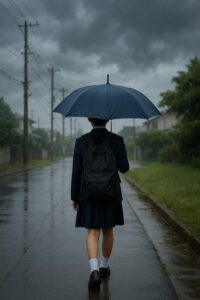 雨の中、傘をさして通学する中学生の後ろ姿