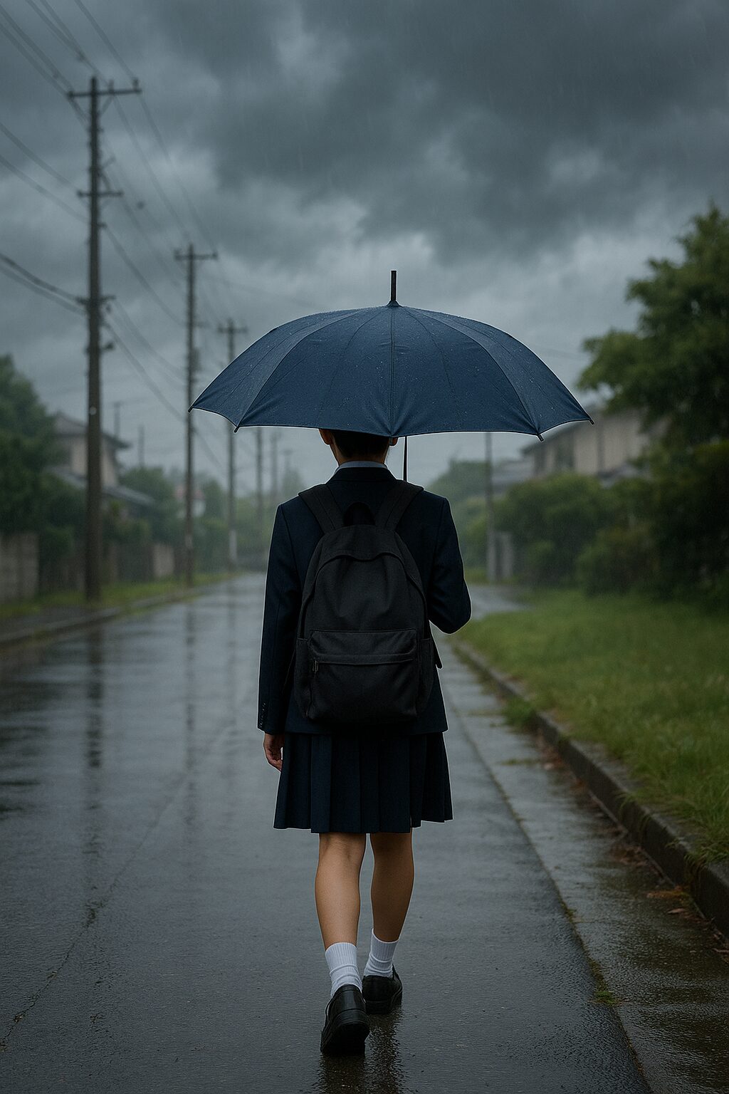 雨の中、傘をさして通学する中学生の後ろ姿