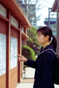 試験会場で受験番号を探す女子受験生（桑名高校理数科イメージ）