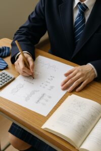 制服姿の高校生が三角関数とDNAの問題に取り組んでいる手元の写真。机の上には電卓と教科書が置かれている。