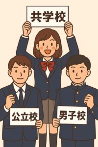 制服を着た高校生3人が順位の札を持ち、中央の女子生徒が「共学」と掲げているイラスト