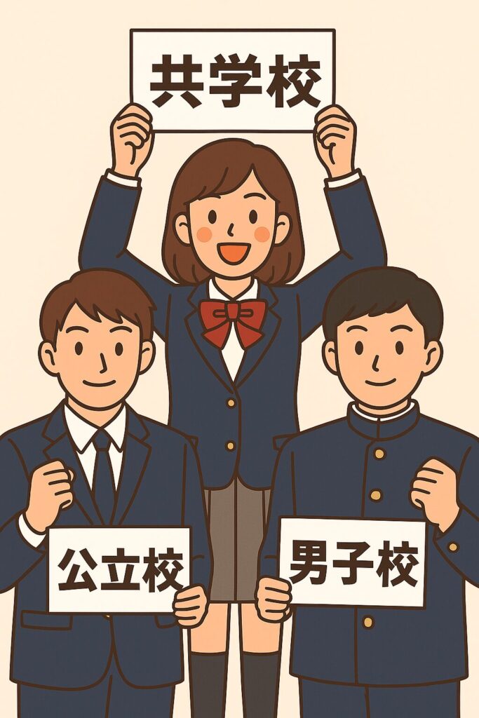 制服を着た高校生3人が順位の札を持ち、中央の女子生徒が「共学」と掲げているイラスト