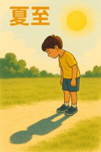夏至の日、長い影を観察する男の子のイラスト