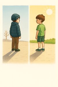 冬と夏の季節に立つ2人の少年。冬の少年は長い影を、夏の少年は短い影を地面に落としている。