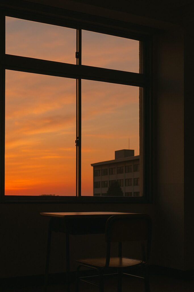 夕焼けに染まる教室で、窓際に置かれた机と椅子が静かに佇んでいる