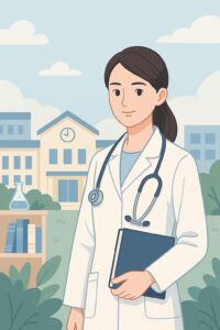高田高校の医学部合格実績を伝える縦長のポスター。医師の制服を着た女子生徒と校舎の写真、64名合格の文字入り。
