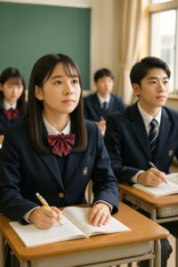 滝中学校の制服を着た男女の生徒が教室で授業を受けている様子