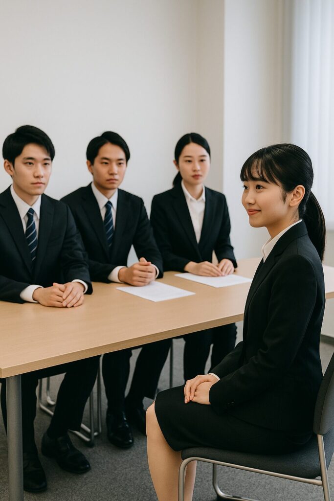 リクルートスーツを着た大学生が教員採用の面接を受けている様子