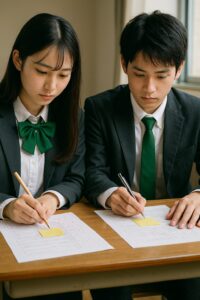 教室でテストの見直しをする高校生の男女。緑色のリボンとネクタイの制服を着て、真剣に答案に向き合っている。