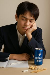 眠そうに頬杖をつく男子中高生と机上のエナジードリンク、ガム、豆、スルメ
