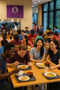 東北大学の学生食堂で多国籍の学生たちが楽しく食事をしている様子