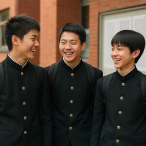 詰襟学生服を着た東海高校風の男子生徒3人が、校舎前で楽しそうに談笑している様子