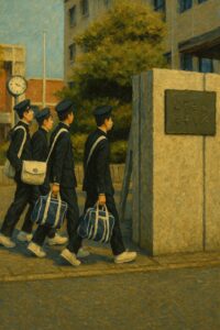 油絵風に描かれた男子高校生たちが校門を通って登校する様子