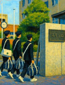 アクリル画風に描かれた男子高校生たちの登校風景。校門前を歩く姿が明るい色調で表現されている。