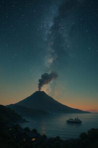 トカラ列島の火山島と星空を描いた幻想的なイラスト