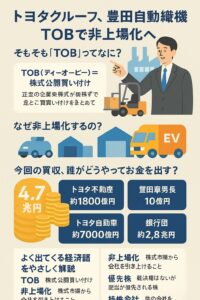 トヨタグループによる豊田自動織機のTOBと非上場化を解説した縦長インフォグラフィック