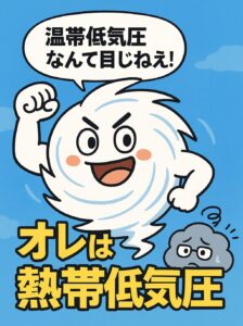 腕を振り上げて「温帯低気圧なんて目じゃねぇ！」と叫ぶ熱帯低気圧のゆるキャラと、おびえる温帯低気圧のキャラクターのイラスト
