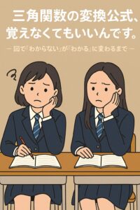 川越高校の青いストライプのネクタイを着用した女子生徒2人が、数学に苦戦している様子のイラスト