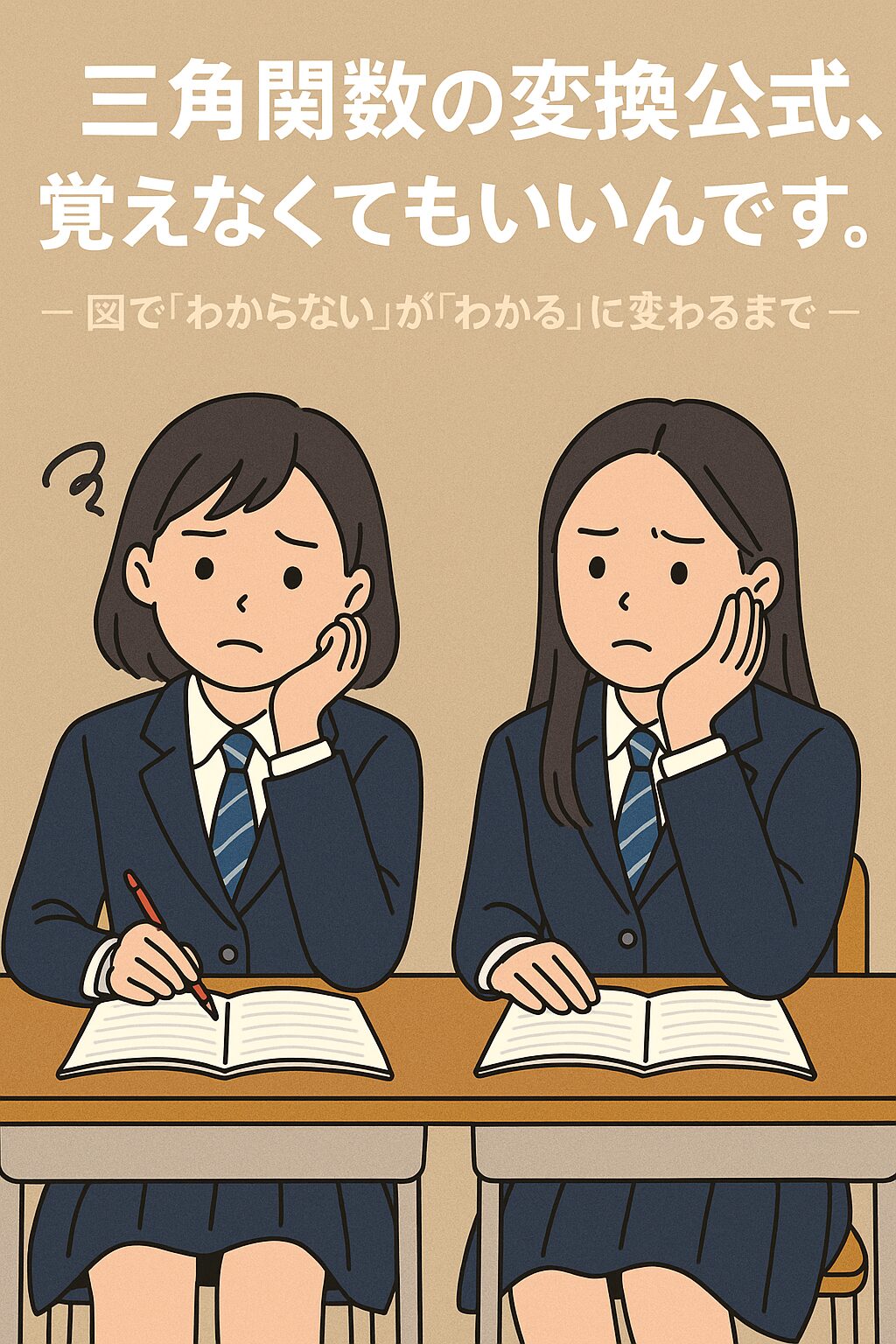 川越高校の青いストライプのネクタイを着用した女子生徒2人が、数学に苦戦している様子のイラスト