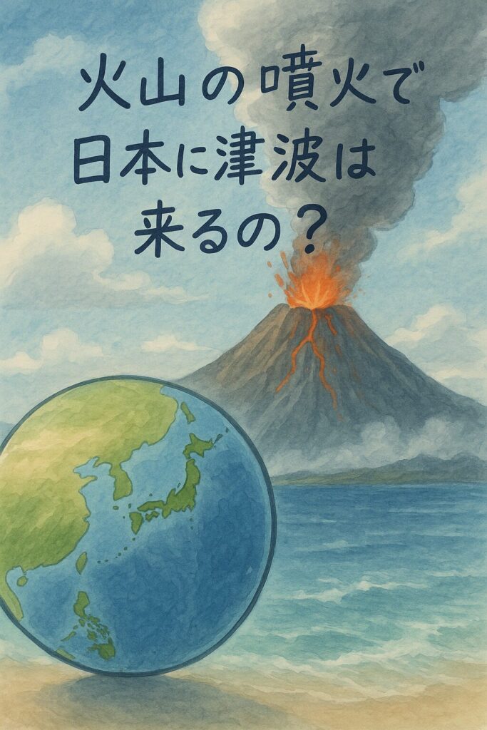 火山が噴火している背景に、日本列島が描かれた地球儀と「火山の噴火で日本に津波は来るの？」という手書き風の文字が重なるイラスト