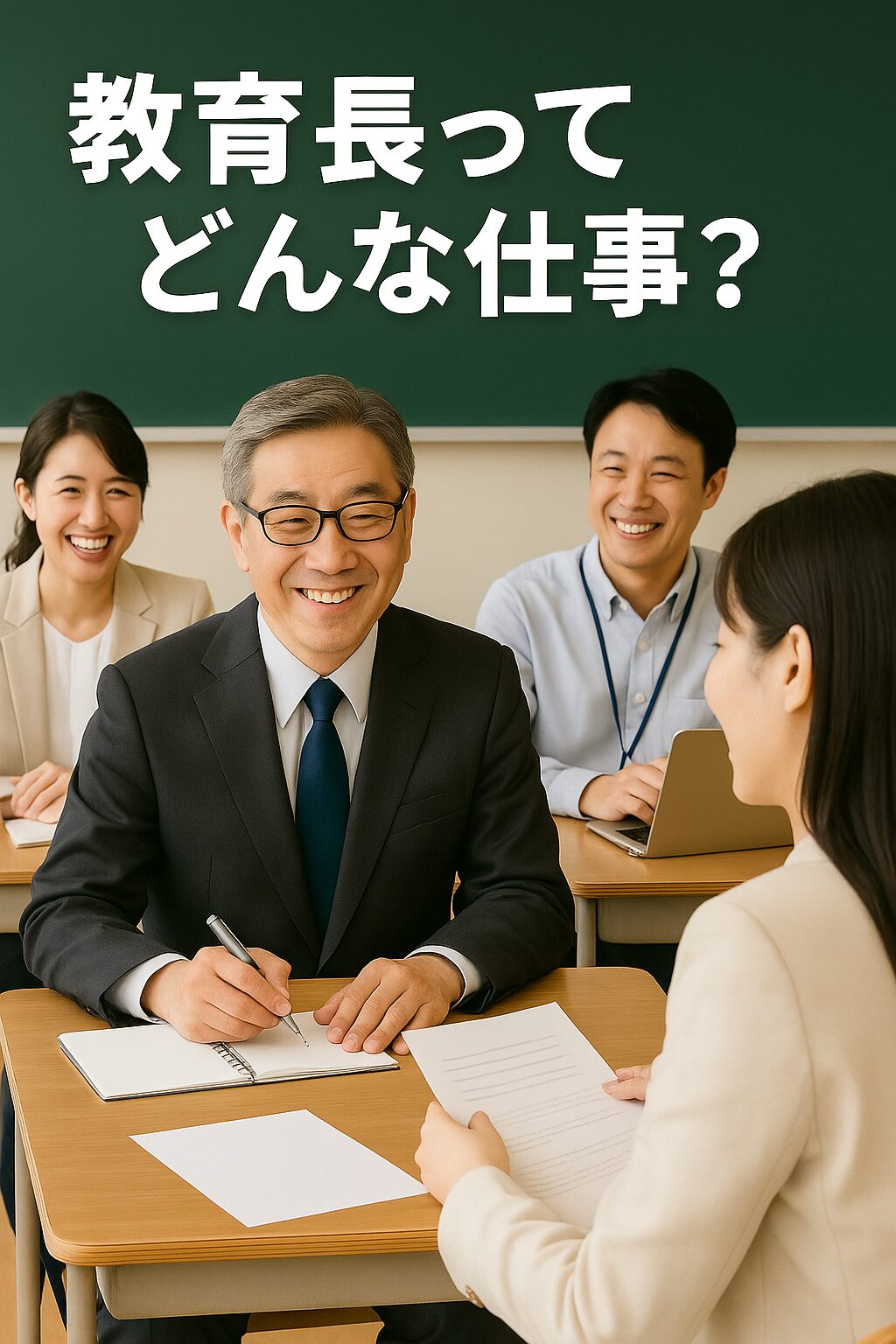 職員会議で笑顔を見せる先生たちと教育長のイメージ写真