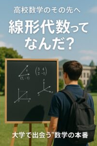 黒板に向かって立つ高校生。黒板にはベクトルや行列の数式が書かれ、背景に大学キャンパスが広がる。