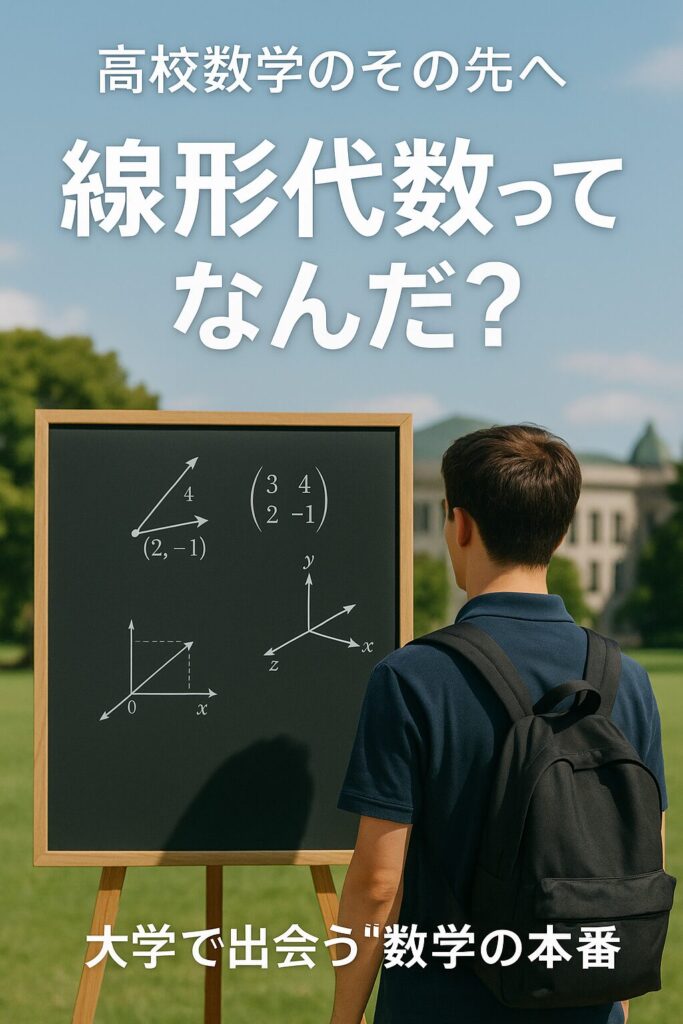 黒板に向かって立つ高校生。黒板にはベクトルや行列の数式が書かれ、背景に大学キャンパスが広がる。