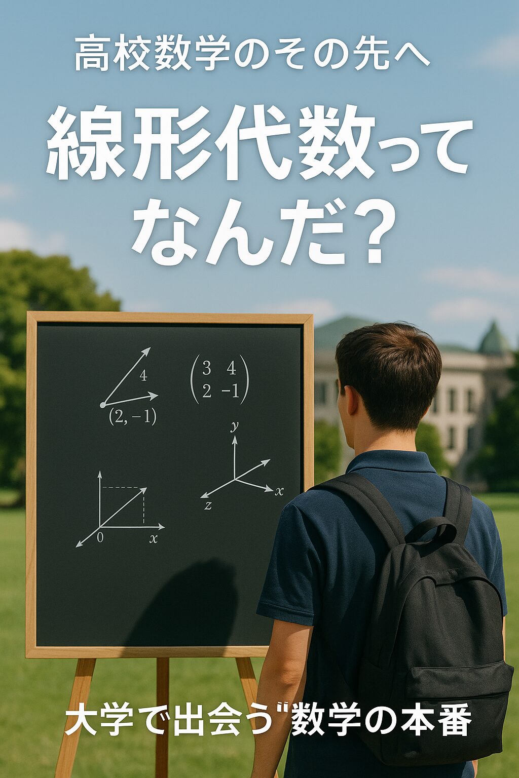 黒板に向かって立つ高校生。黒板にはベクトルや行列の数式が書かれ、背景に大学キャンパスが広がる。