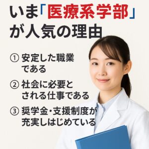 医療系学部が人気の理由を説明する女性医療従事者の画像（安定性・社会的意義・支援制度の充実）