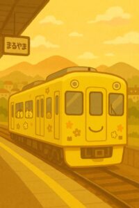 三重を走る黄色いラッピング風電車のイラスト