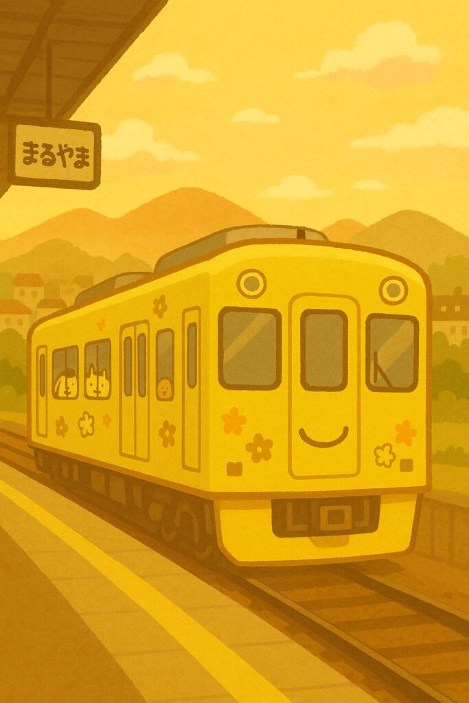 三重を走る黄色いラッピング風電車のイラスト