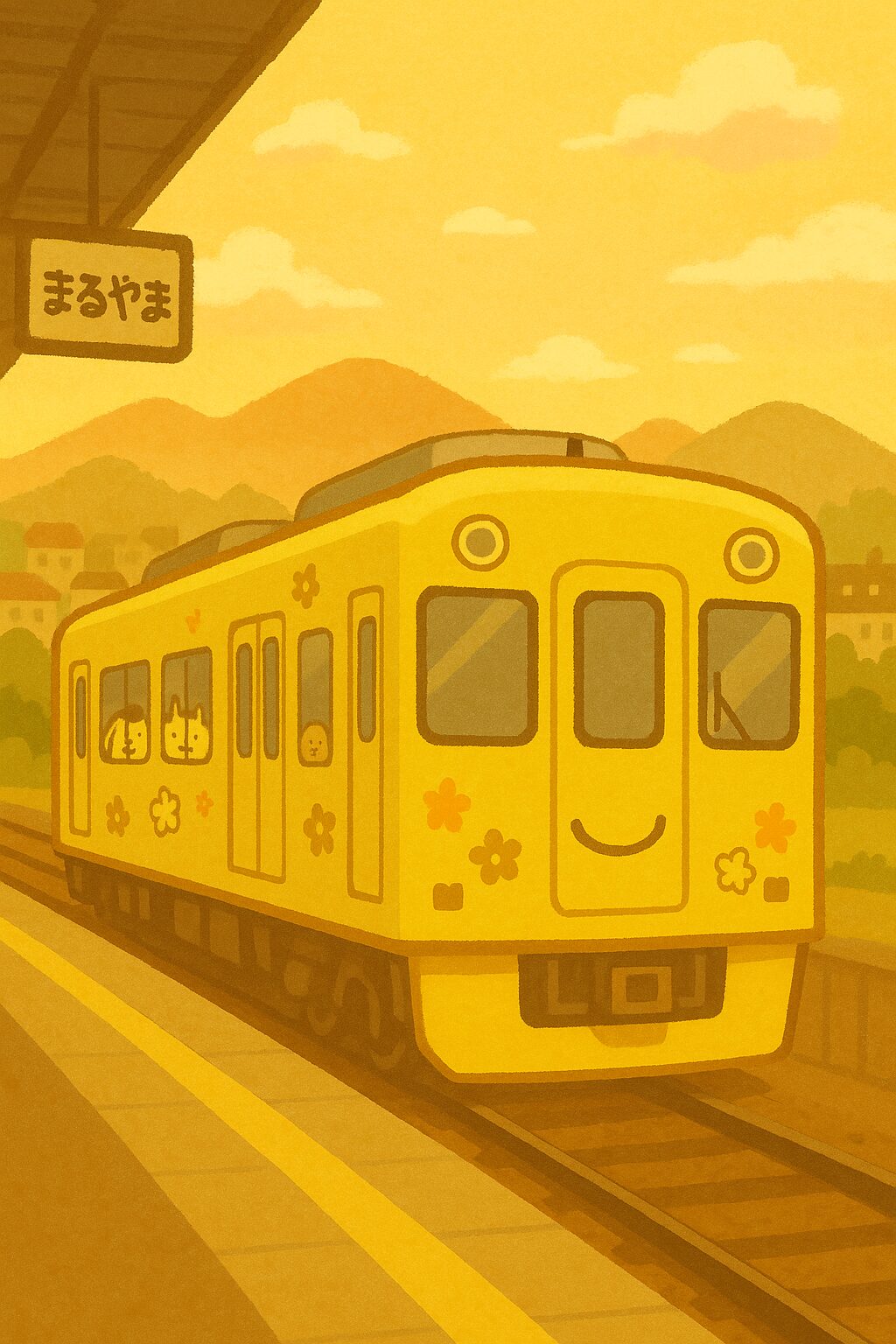 三重を走る黄色いラッピング風電車のイラスト