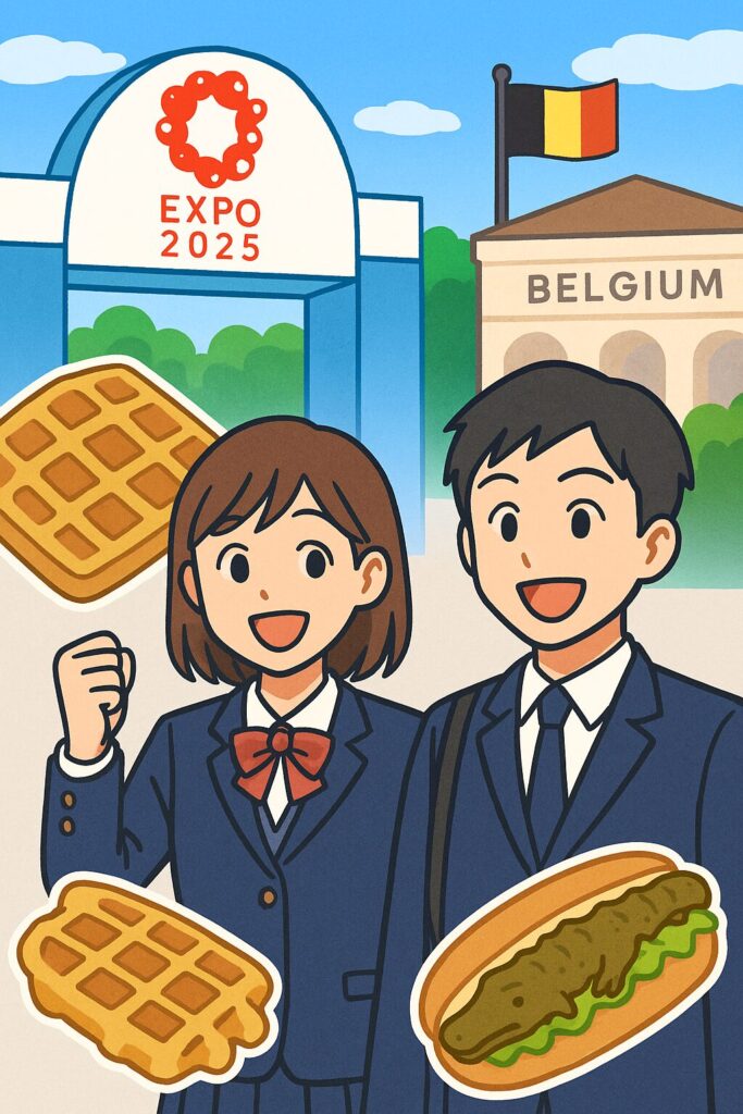 四日市高校の生徒が大阪万博でワッフルやワニ肉ホットドッグを楽しむイラスト