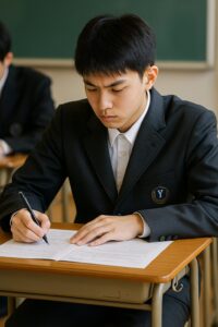 四日市高校の制服を着た男子生徒が教室で真剣にテストを受けている様子