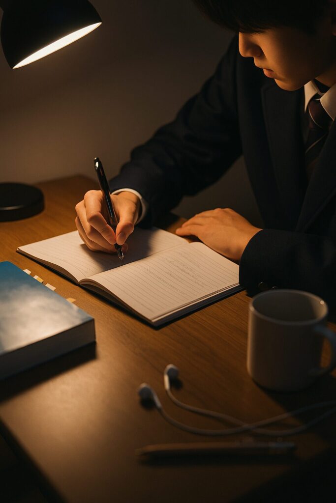 デスクライトの下でノートに向かって夜の勉強を続ける四日市高校の生徒の手元の様子